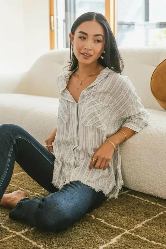 Holly Striped Button Up Grey Women Bohme Tops