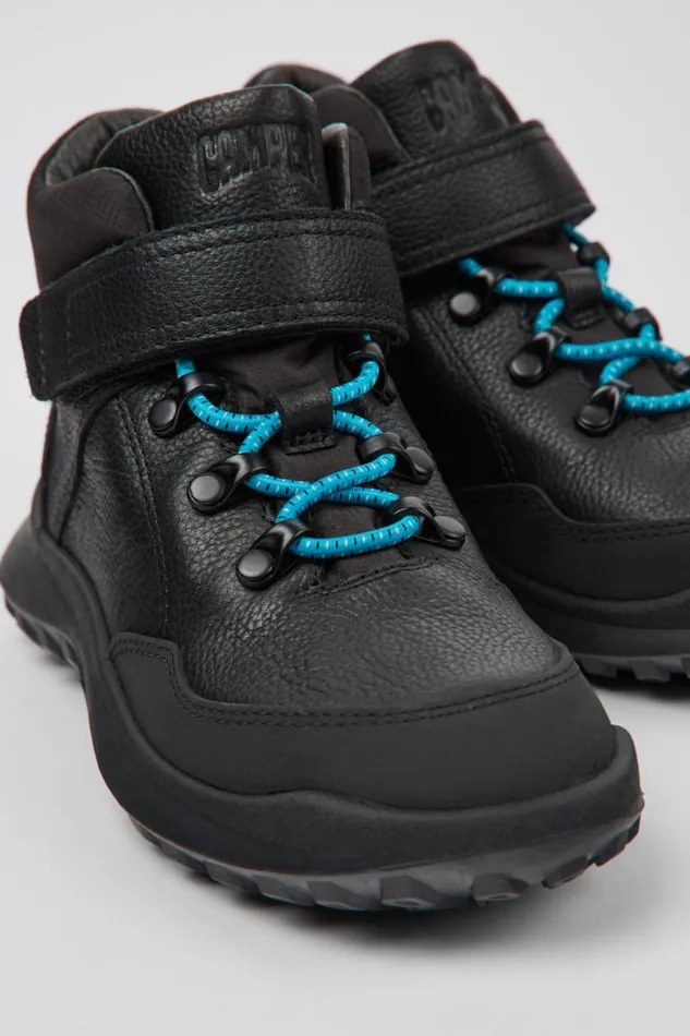Hook And Loop Kids Camper CRCLR Black Leather And Textile Ankle Boots