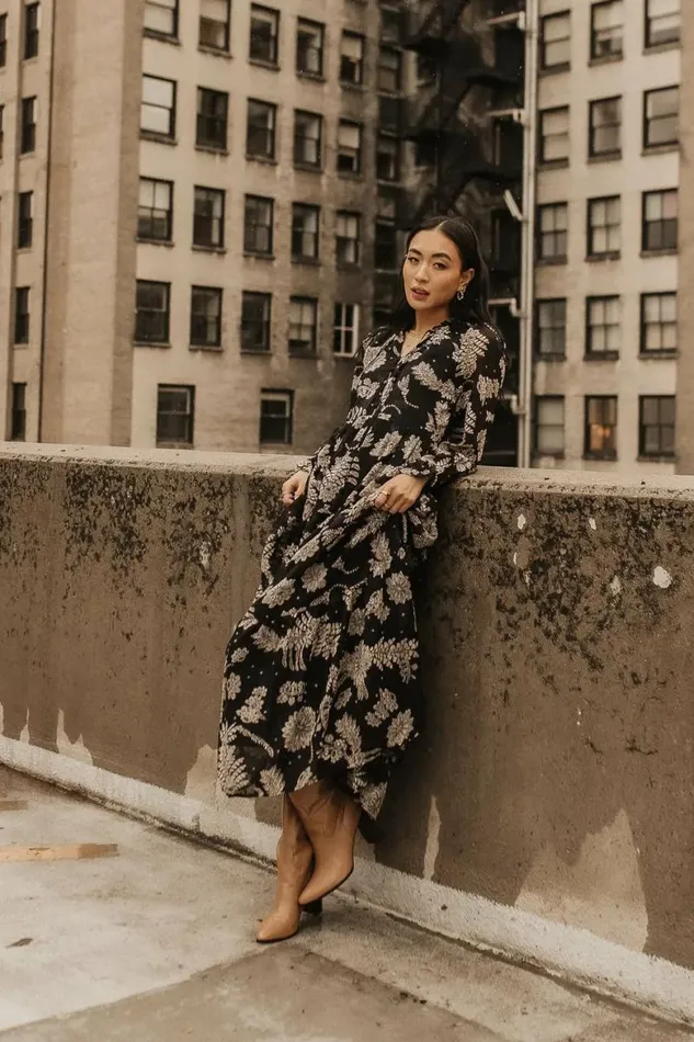 Jayla Floral Chiffon Dress In Black Black Women Bohme Dresses