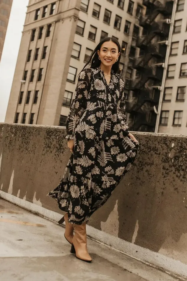 Jayla Floral Chiffon Dress In Black Black Women Bohme Dresses