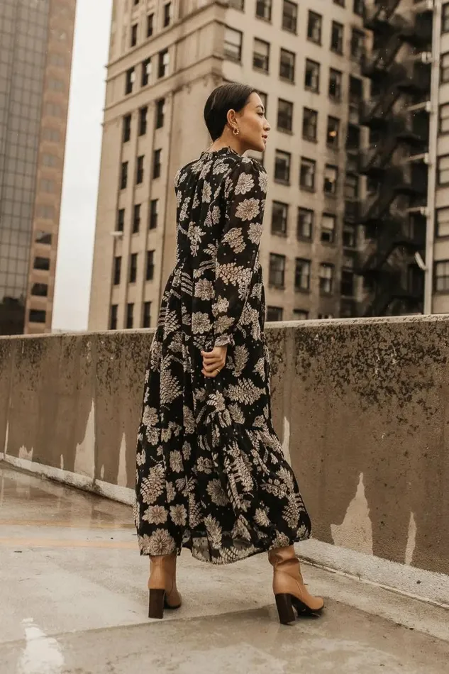 Jayla Floral Chiffon Dress In Black Black Women Bohme Dresses