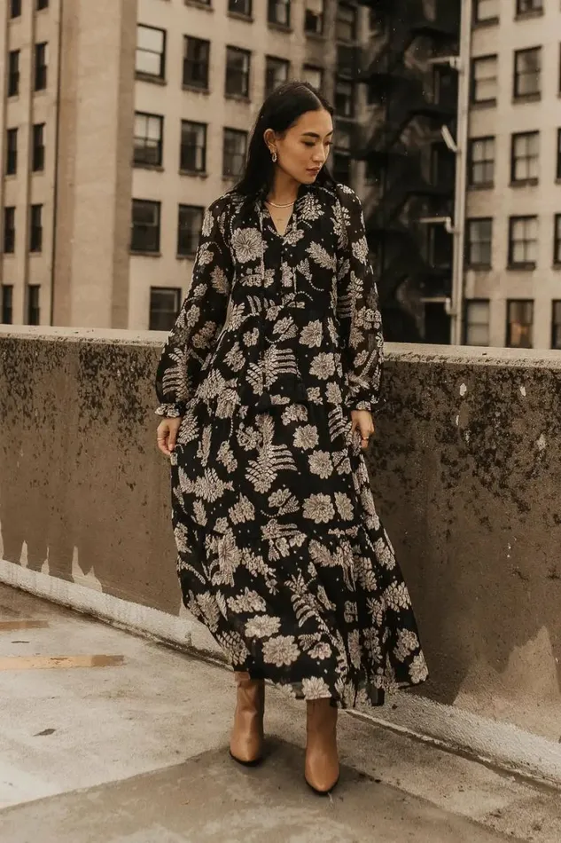 Jayla Floral Chiffon Dress In Black Black Women Bohme Dresses