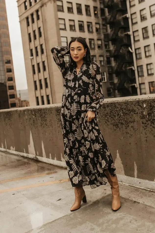 Jayla Floral Chiffon Dress In Black Black Women Bohme Dresses