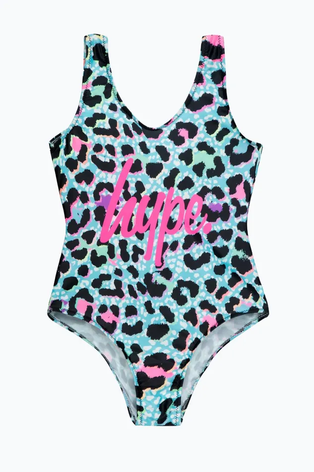 Just Hype Swimwear and Shorts Hype Girls Blue Ice Leopard Script Swimsuit