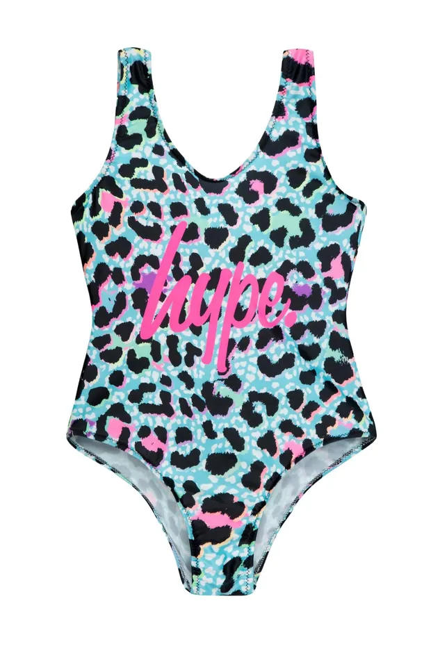 Just Hype Swimwear and Shorts Hype Girls Blue Ice Leopard Script Swimsuit