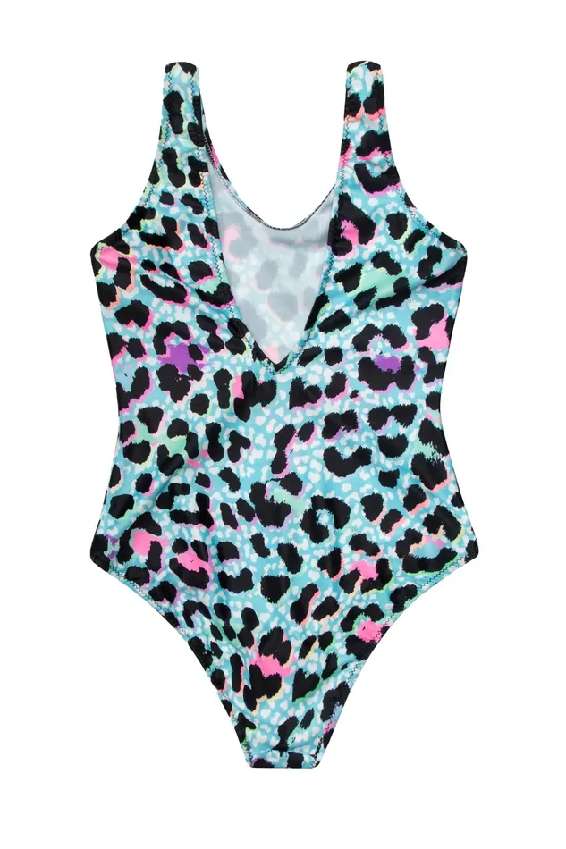 Just Hype Swimwear and Shorts Hype Girls Blue Ice Leopard Script Swimsuit