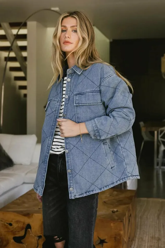 Kat Quilted Denim Jacket Medium Wash Women Bohme Outerwear