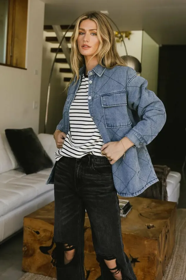 Kat Quilted Denim Jacket Medium Wash Women Bohme Outerwear