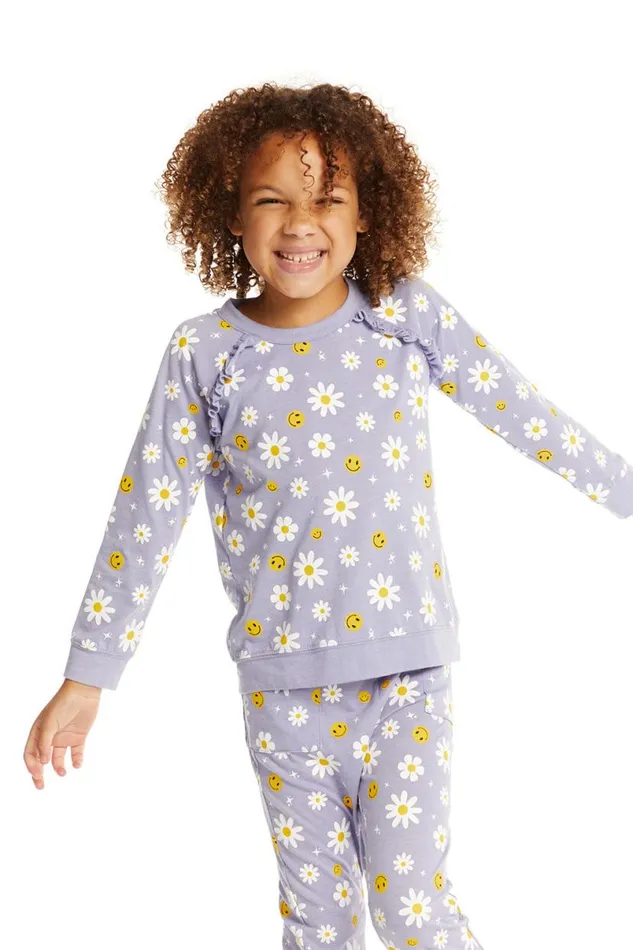 Kids Girls Chaser Brand Smiley Daisies Long Sleeve Ruffle Top
