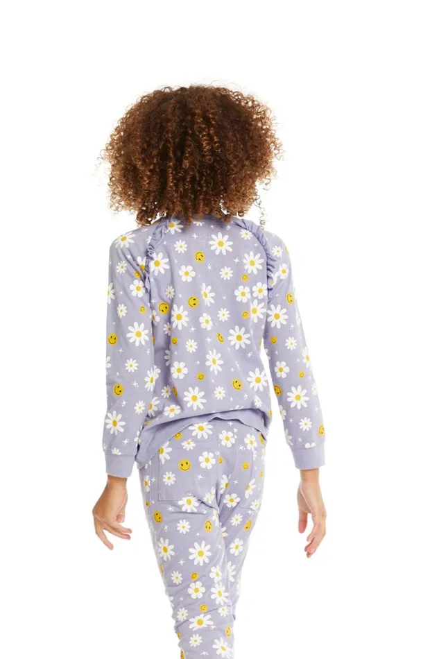 Kids Girls Chaser Brand Smiley Daisies Long Sleeve Ruffle Top