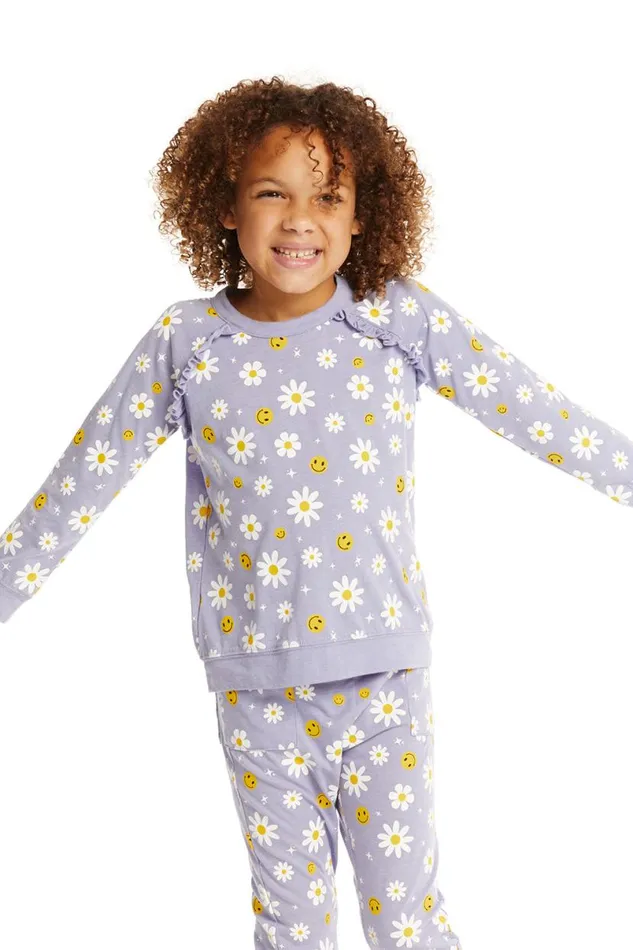 Kids Girls Chaser Brand Smiley Daisies Long Sleeve Ruffle Top