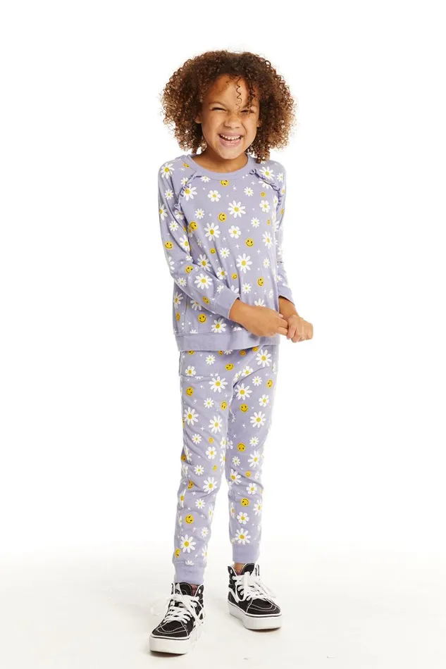 Kids Girls Chaser Brand Smiley Daisies Long Sleeve Ruffle Top