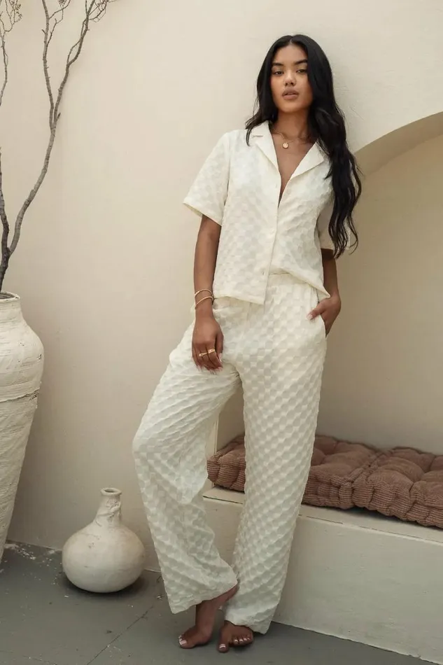 Kimberly Checkered Pants Oatmeal Women Bohme Pants