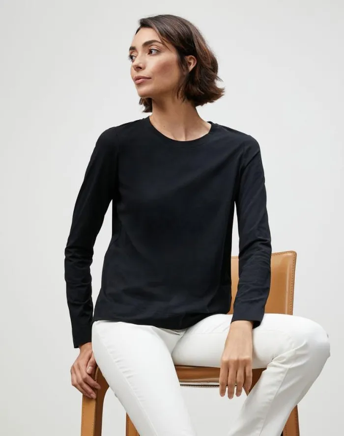 Lafayette 148 New York Cotton Jersey Modern Long Sleeve Tee Black Ready To Wear Tops and Tees