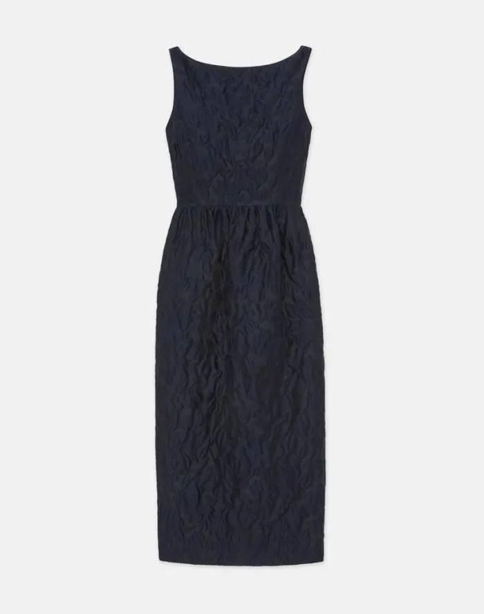 Lafayette 148 New York Flora Bloom Cloqu Jacquard CottonSilk Midi Dress Midnight Blue Ready To Wear Dresses