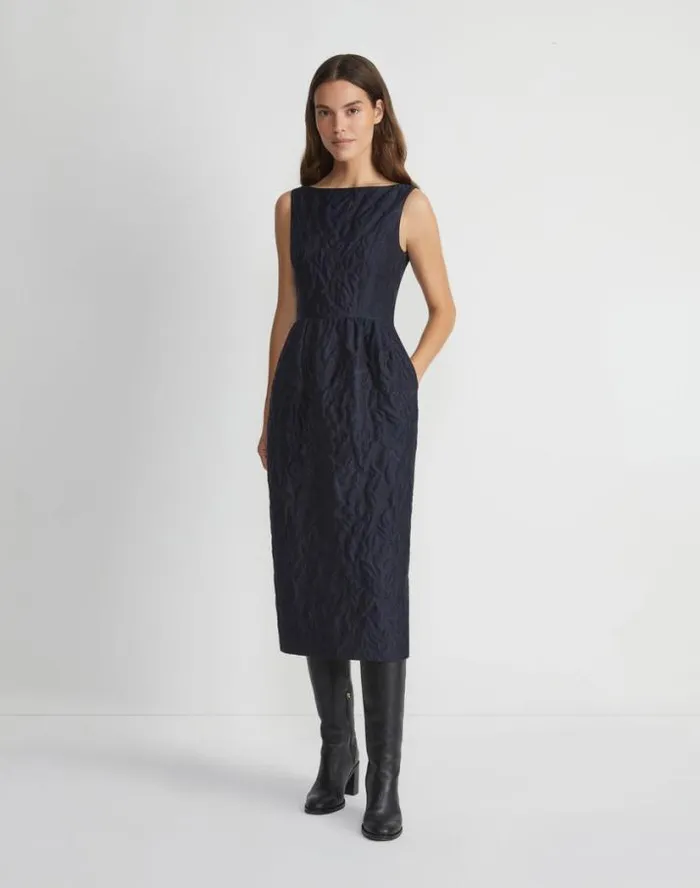 Lafayette 148 New York Flora Bloom Cloqu Jacquard CottonSilk Midi Dress Midnight Blue Ready To Wear Dresses