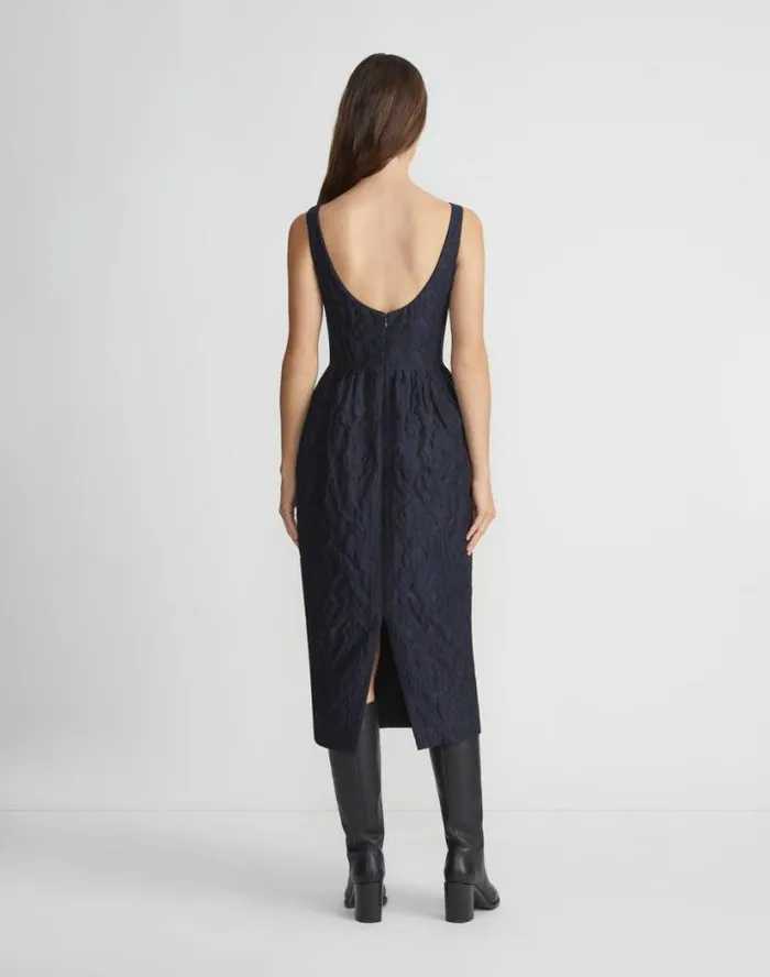 Lafayette 148 New York Flora Bloom Cloqu Jacquard CottonSilk Midi Dress Midnight Blue Ready To Wear Dresses