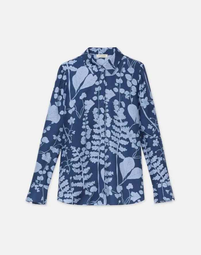 Lafayette 148 New York Frost Flora Print Silk Twill Buttoned Blouse Midnight Blue Multi Ready To Wear Blouses and Shirts Lafayette 148 New York Frost Flora Print Silk Twill Buttoned Blouse Midnight Blue Multi Ready To Wear Blouses and Shirts