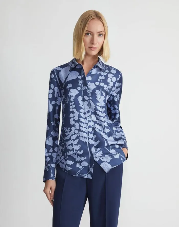 Lafayette 148 New York Frost Flora Print Silk Twill Buttoned Blouse Midnight Blue Multi Ready To Wear Blouses and Shirts