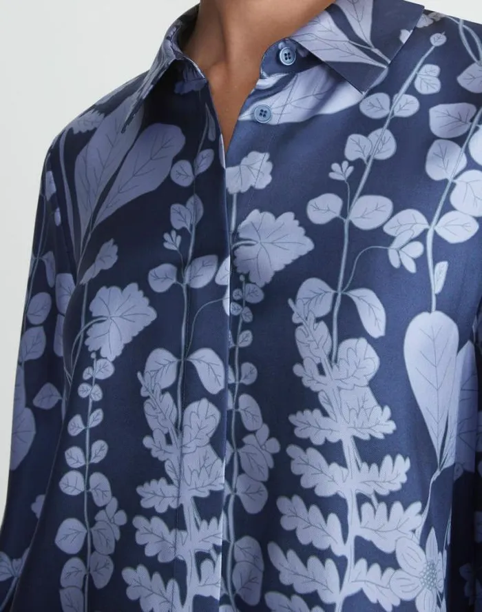 Lafayette 148 New York Frost Flora Print Silk Twill Buttoned Blouse Midnight Blue Multi Ready To Wear Blouses and Shirts