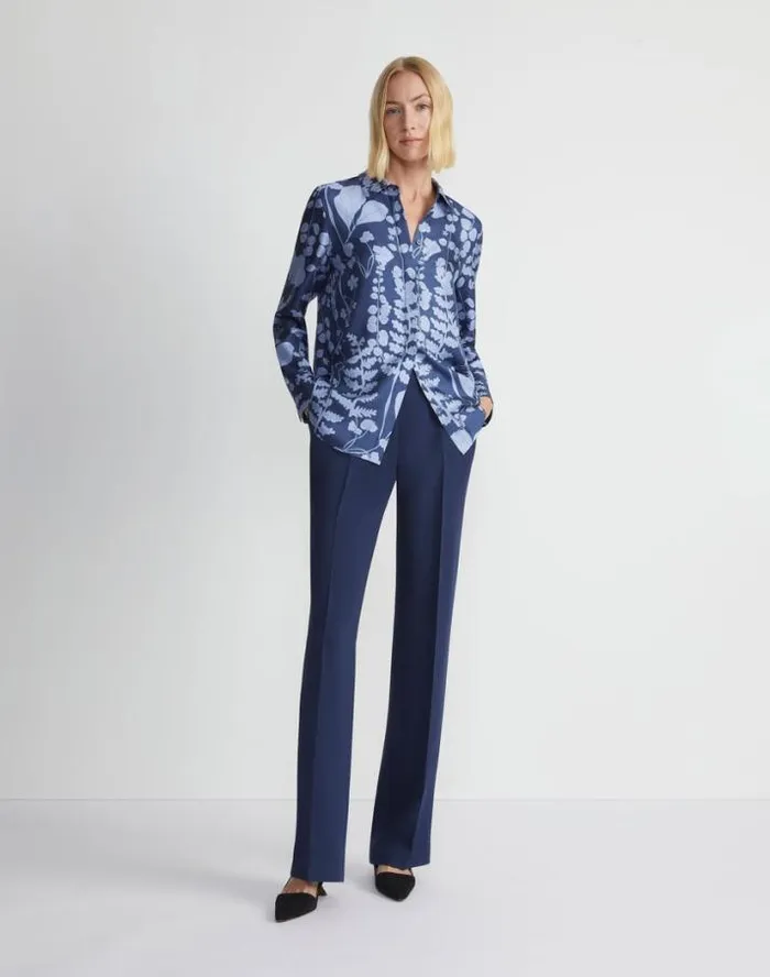 Lafayette 148 New York Frost Flora Print Silk Twill Buttoned Blouse Midnight Blue Multi Ready To Wear Blouses and Shirts