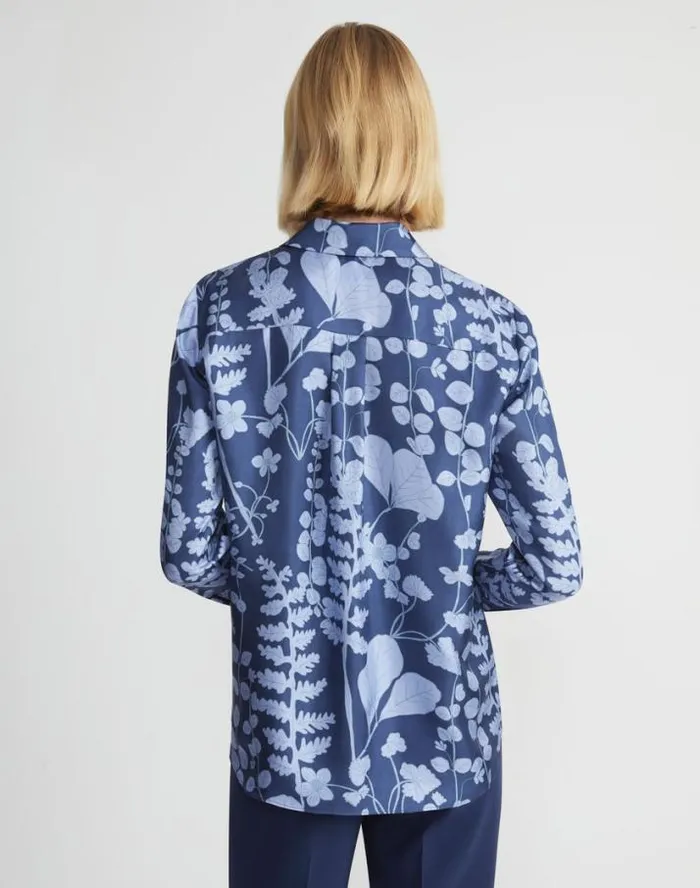 Lafayette 148 New York Frost Flora Print Silk Twill Buttoned Blouse Midnight Blue Multi Ready To Wear Blouses and Shirts