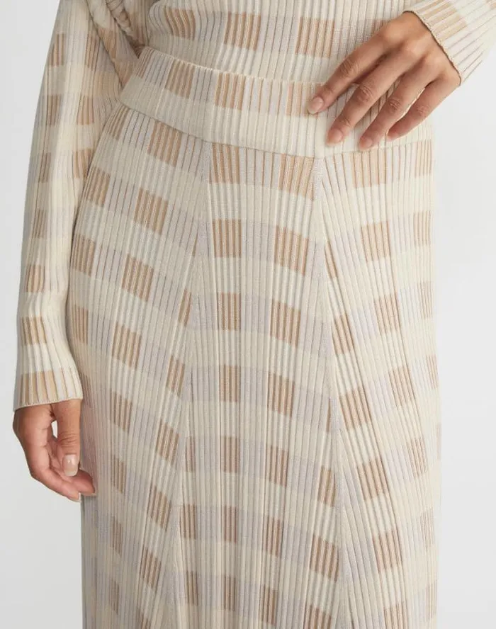 Lafayette 148 New York Gingham Responsible Matte Crepe Knit Asymmetric Skirt Dune Multi Ready To Wear Skirts