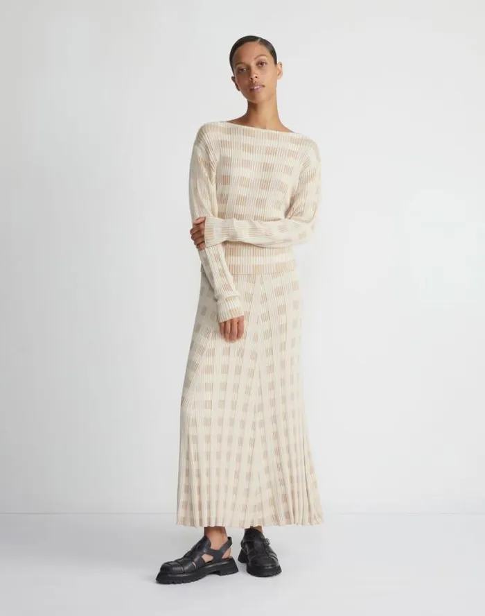 Lafayette 148 New York Gingham Responsible Matte Crepe Knit Asymmetric Skirt Dune Multi Ready To Wear Skirts