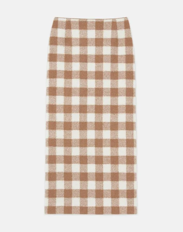 Lafayette 148 New York Gingham Wool Maxi Pencil Skirt Camel Multi Ready To Wear Skirts