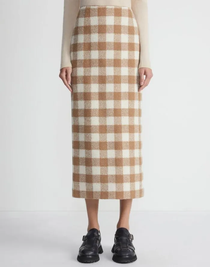 Lafayette 148 New York Gingham Wool Maxi Pencil Skirt Camel Multi Ready To Wear Skirts