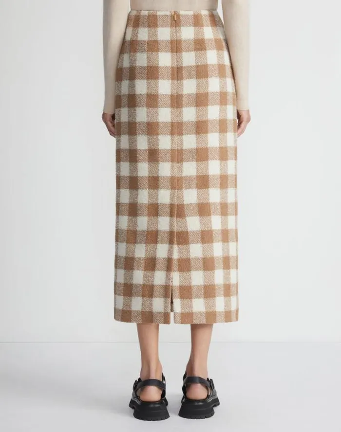 Lafayette 148 New York Gingham Wool Maxi Pencil Skirt Camel Multi Ready To Wear Skirts