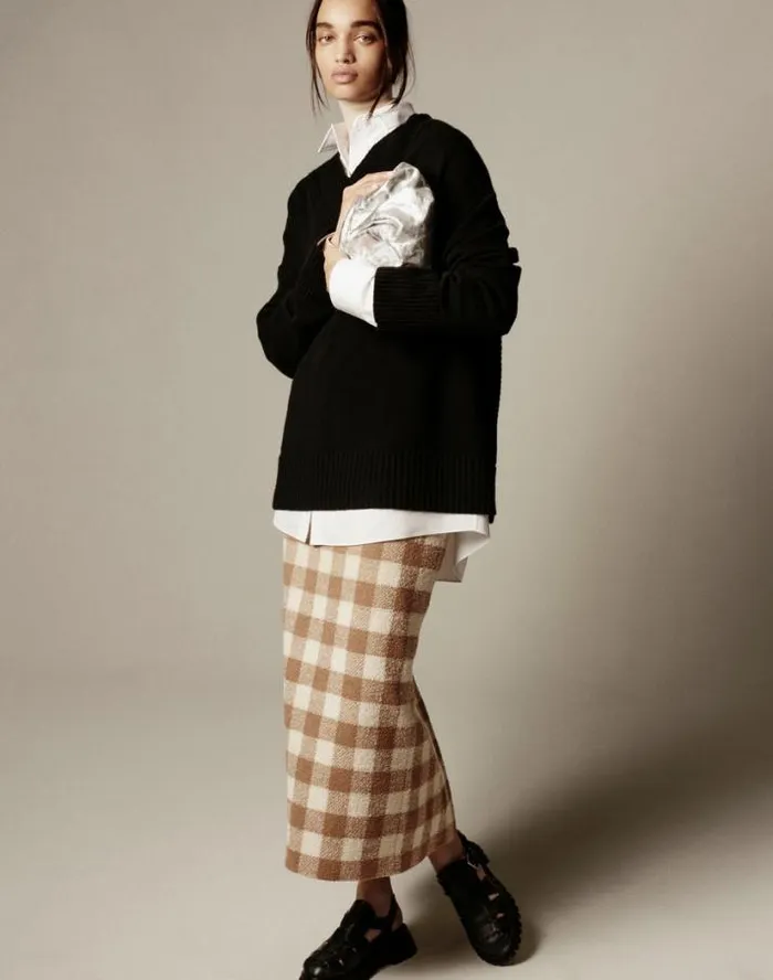 Lafayette 148 New York Gingham Wool Maxi Pencil Skirt Camel Multi Ready To Wear Skirts