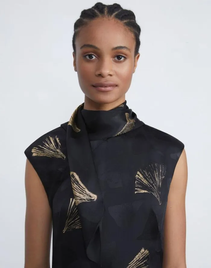 Lafayette 148 New York Metallic Leafed Pages Jacquard Scarf Dress Black Multi Ready To Wear Dresses