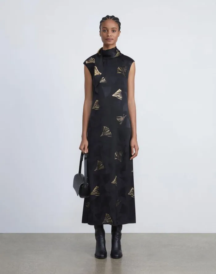 Lafayette 148 New York Metallic Leafed Pages Jacquard Scarf Dress Black Multi Ready To Wear Dresses