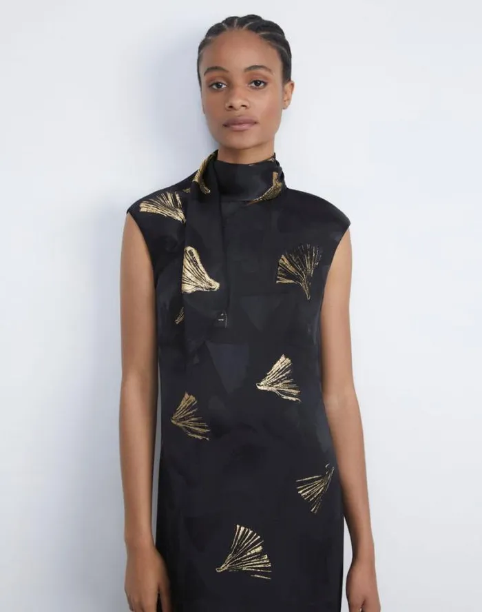 Lafayette 148 New York Metallic Leafed Pages Jacquard Scarf Dress Black Multi Ready To Wear Dresses