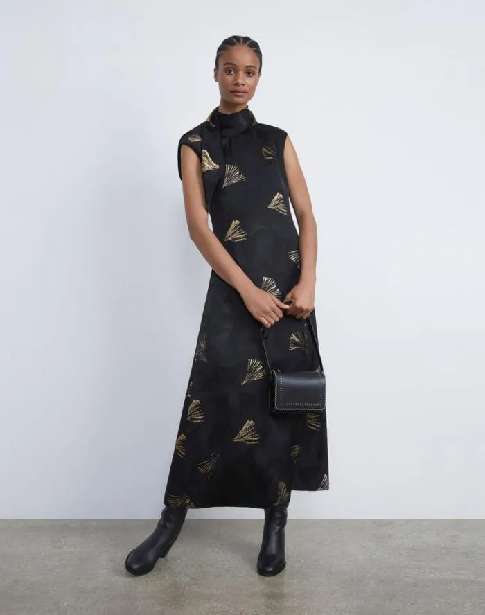 Lafayette 148 New York Metallic Leafed Pages Jacquard Scarf Dress Black Multi Ready To Wear Dresses