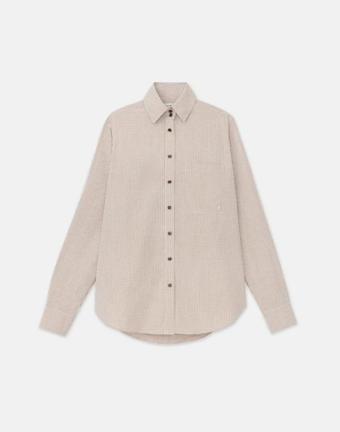 Lafayette 148 New York Micro Gingham Cotton Poplin High Collar Shirt Camel Multi Ready To Wear Blouses and Shirts Lafayette 148 New York Micro Gingham Cotton Poplin High Collar Shirt Camel Multi Ready To Wear Blouses and Shirts