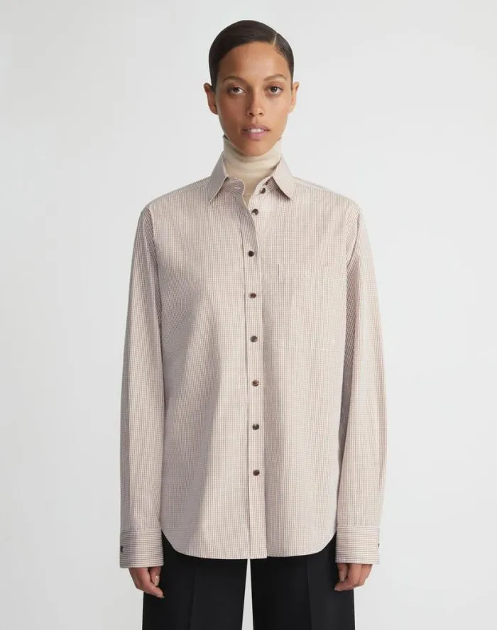 Lafayette 148 New York Micro Gingham Cotton Poplin High Collar Shirt Camel Multi Ready To Wear Blouses and Shirts