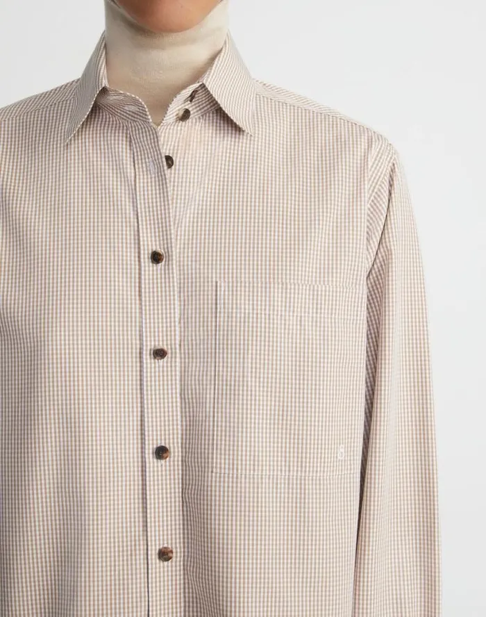 Lafayette 148 New York Micro Gingham Cotton Poplin High Collar Shirt Camel Multi Ready To Wear Blouses and Shirts