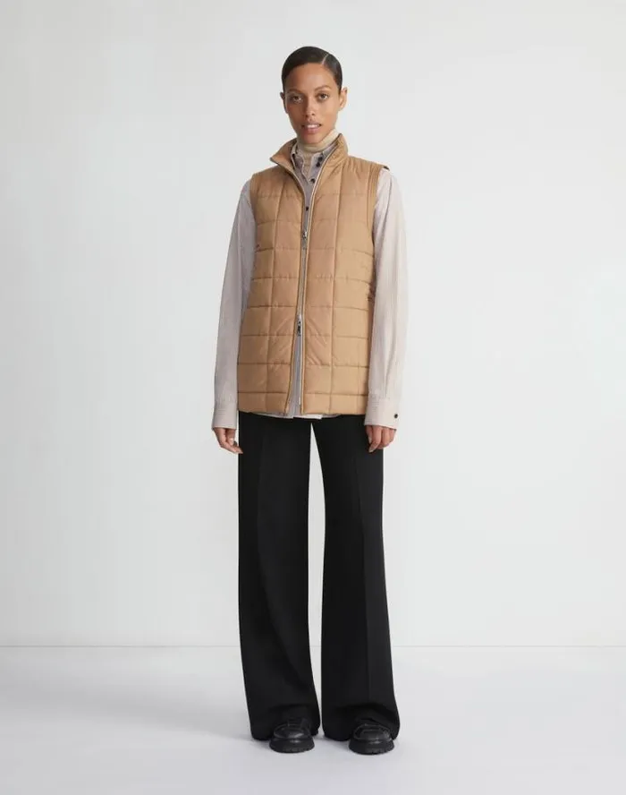 Lafayette 148 New York Micro Gingham Cotton Poplin High Collar Shirt Camel Multi Ready To Wear Blouses and Shirts