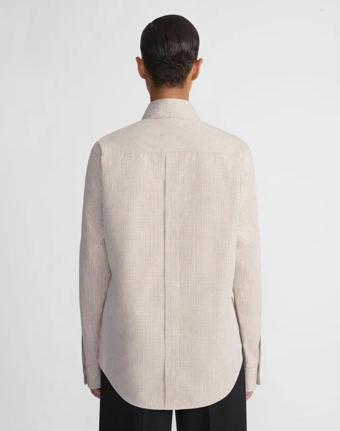 Lafayette 148 New York Micro Gingham Cotton Poplin High Collar Shirt Camel Multi Ready To Wear Blouses and Shirts