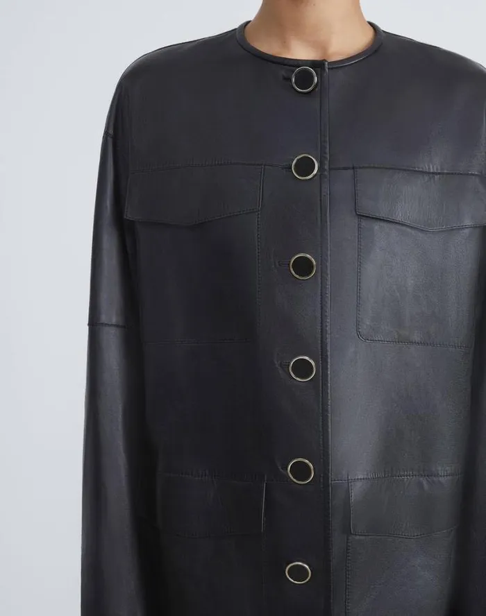 Lafayette 148 New York Nappa Leather Quilted Coat Black Ready To Wear Leathers and Suedes