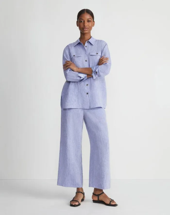 Lafayette 148 New York Organic Linen Columbus Cropped Pant Lapis Blue Melange Ready To Wear Pants and Shorts