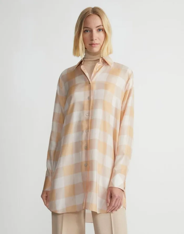 Lafayette 148 New York Painted Gingham Print Silk Habutai Oversized Blouse Maitake Multi Ready To Wear Blouses and Shirts