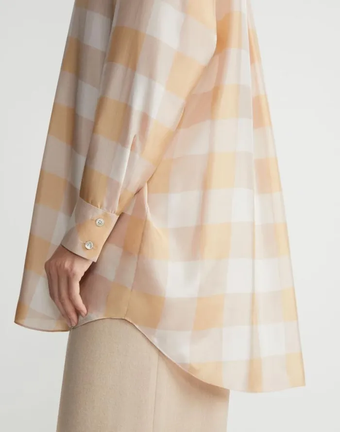 Lafayette 148 New York Painted Gingham Print Silk Habutai Oversized Blouse Maitake Multi Ready To Wear Blouses and Shirts