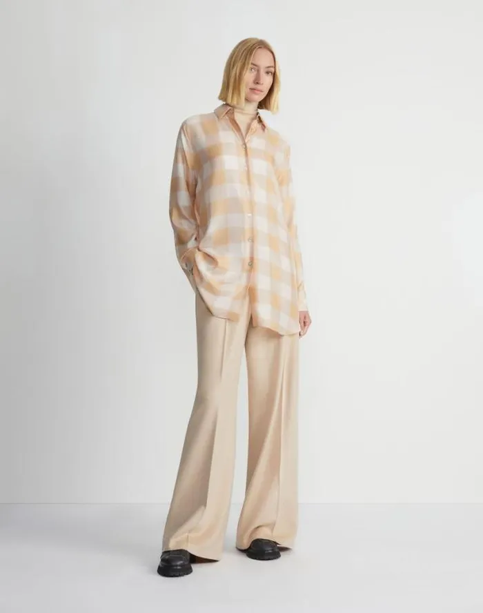 Lafayette 148 New York Painted Gingham Print Silk Habutai Oversized Blouse Maitake Multi Ready To Wear Blouses and Shirts
