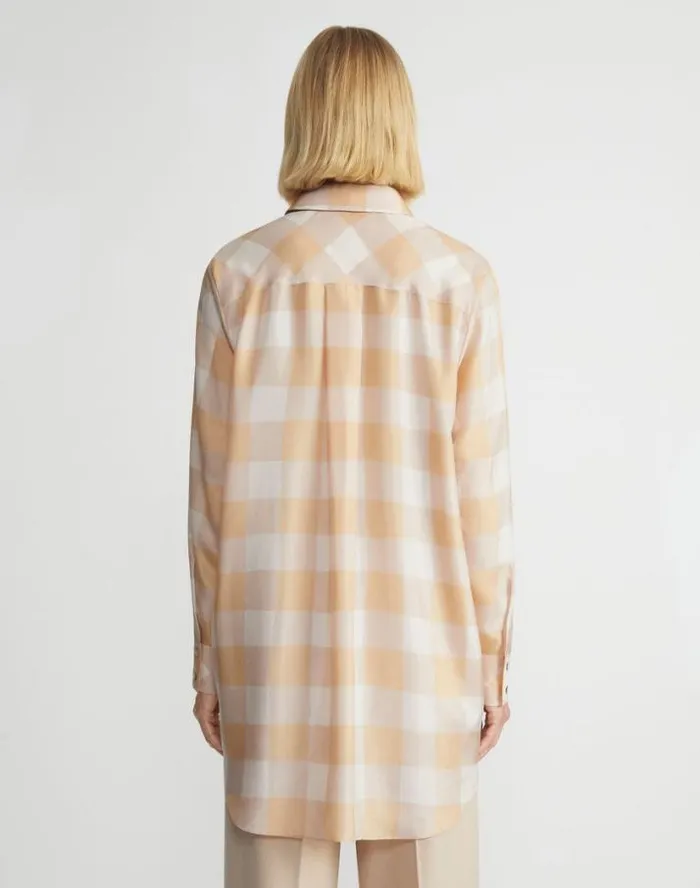 Lafayette 148 New York Painted Gingham Print Silk Habutai Oversized Blouse Maitake Multi Ready To Wear Blouses and Shirts