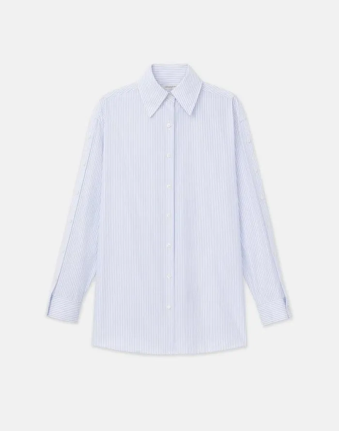 Lafayette 148 New York Stripe Cotton Poplin Button Sleeve Oversized Shirt Wild Bluet Multi Ready To Wear Blouses and Shirts Lafayette 148 New York Stripe Cotton Poplin Button Sleeve Oversized Shirt Wild Bluet Multi Ready To Wear Blouses and Shirts