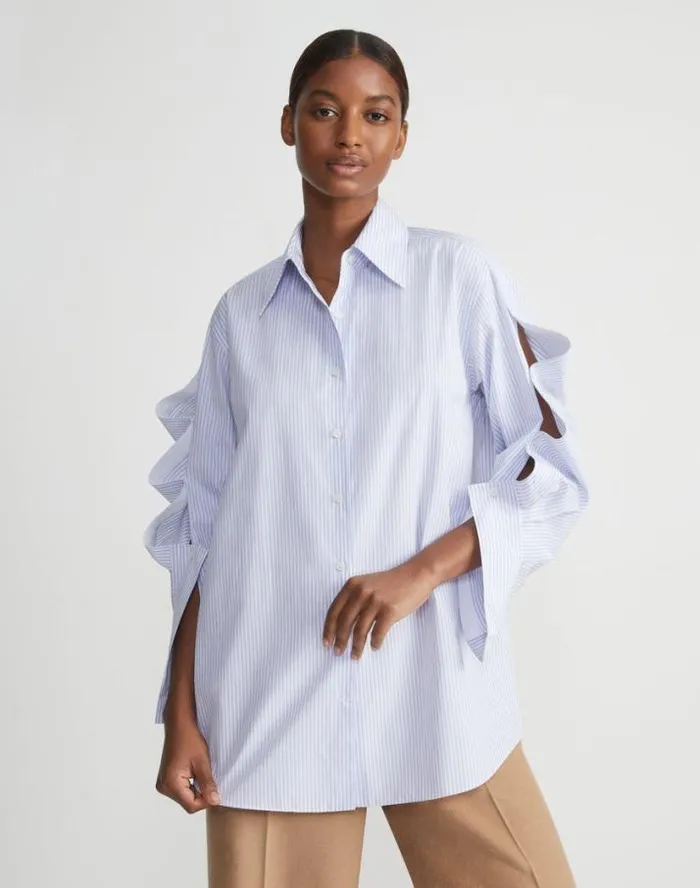 Lafayette 148 New York Stripe Cotton Poplin Button Sleeve Oversized Shirt Wild Bluet Multi Ready To Wear Blouses and Shirts