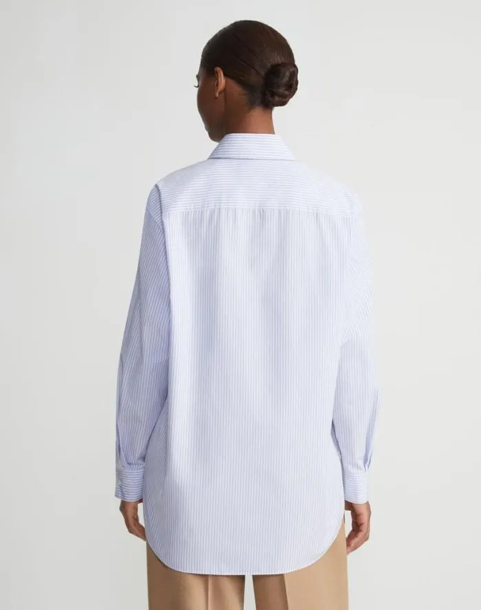 Lafayette 148 New York Stripe Cotton Poplin Button Sleeve Oversized Shirt Wild Bluet Multi Ready To Wear Blouses and Shirts